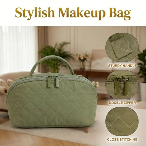 Lay Flat Makeup Bag Organizer for Women Large Capacity Travel Toiletry Bag Wide Open Cosmetic Bags Puffy Makeup Case with Compartments Waterproof Pouch for Toiletries & Brushes (Green)