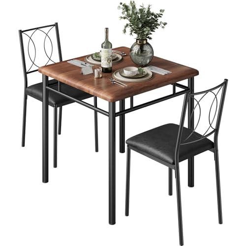 Walnut Small Dining Table Set for 2 with Upholstered Chairs - Space-Saving Kitchen Furniture