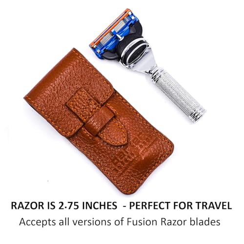 Parker Fusion Compatible Travel Razor with Leather Sheath – Compact Safety Razor