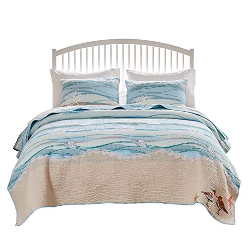 Greenland Home Maui Coastal Quilt Set Full/Queen Blue Embroidered Beach Design