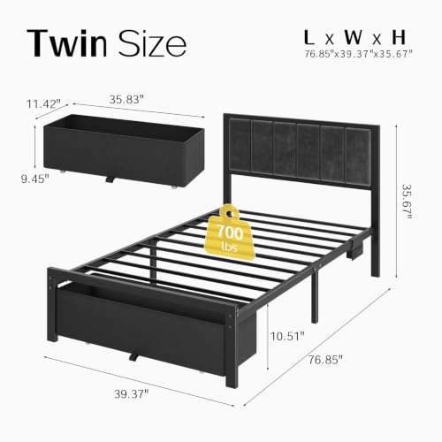 Dark Grey Twin Size Bed Frame with LED Lights, Charging Station & Storage Drawer