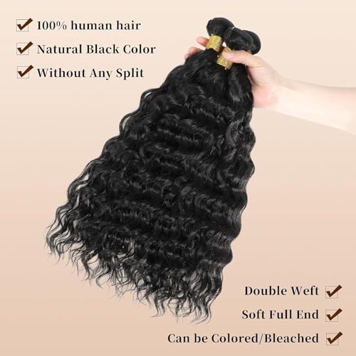 Water Wave Human Hair Bundles for Black Women - Natural Water Wave Pattern, 16/18/20 Inch, Black - Quick Weave Hair Extensions