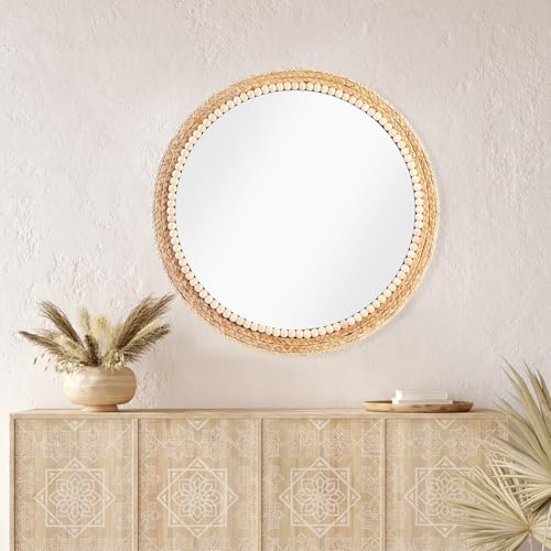 21 Inch Boho Round Wall Mirror with Rattan & Wooden Beads - Farmhouse Decor - Variation: Wood