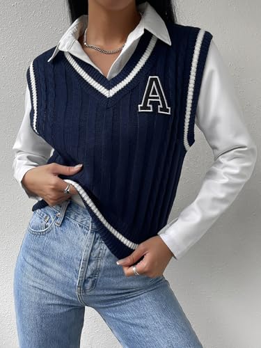 Large Navy Blue V Neck Letter Striped Sleeveless Sweater Vest for Women