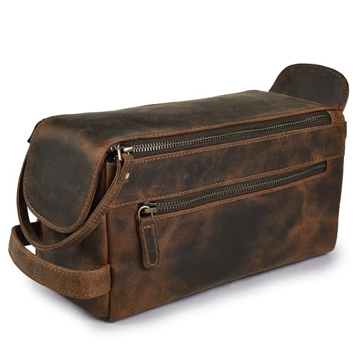 LEATHER VILLAGE Genuine Leather Travel Toiletry Bag - Water-Resistant Dopp Kit for Toiletries, Large Shaving Bag & Bathroom Organizer - Gift for Men & Women - Rustic Brown