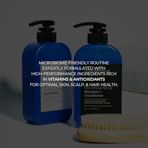 HOMMEFACE Men¡¯s Triple Action Shower Kit - 2 Piece Set with 2-in-1 Hair Strengthening Shampoo + Conditioner & Body Wash with Pump - Korean Skincare Technology for Body Acne and Scalp Health