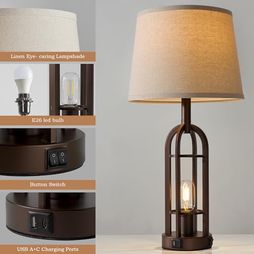 SRJJA 24-Inch Industrial Table Lamps Set of 2 with USB A+C & Bronze Switch