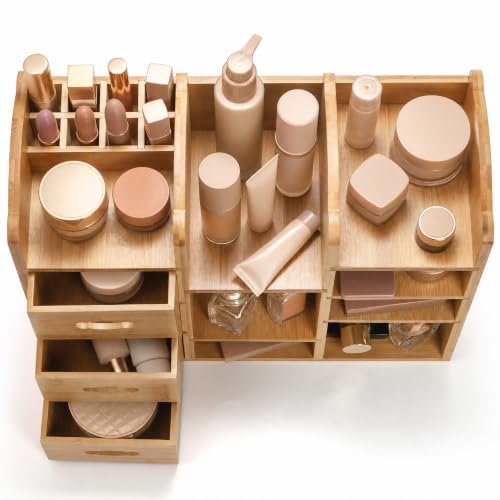 Large Bamboo Makeup Organizer with Drawers and Compartments for Vanity Storage