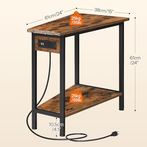 Wedge End Table with Charging Station - Rustic Brown & Black, Industrial Style