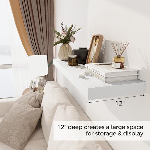 White Floating Shelves 36 Inch Long, 12 Inch Deep Set of 2 - Wall Storage & Display
