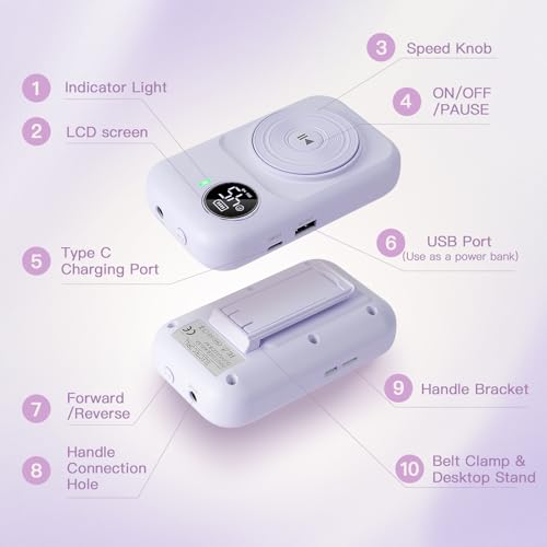 Madenia Rechargeable Professional Nail Drill Machine - 45000 RPM Portable Electric Nail File E File for Acrylic Gel Nails,Suitable for Salon Home Travel Manicure Use, Purple