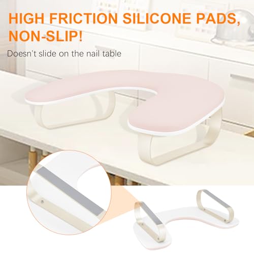 Arm Rest for Nails Tech Upgraded 10¡Æ Inclined, U-Shaped Manicure Nail Arm Rest Stand, Pink Nail Armrest for Nail Tech Hand Rests with Gold Aluminum Alloy Holder Non-Slip