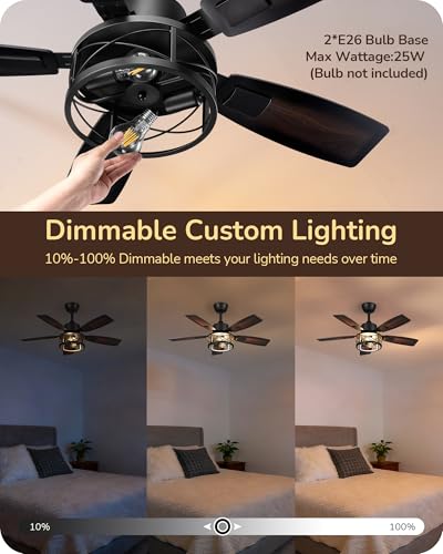 EDISHINE 42-inch Farmhouse Ceiling Fan with Light & Remote, Dimmable & Reversible, Red Gradient Black & Light Oka Variant