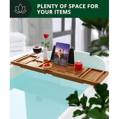 ROYAL CRAFT WOOD Premium Foldable Bathtub Tray - Wood Bath Tray for Tub, Bamboo Shelf, Expandable Bath Table Trays, Bathtub & Bathroom Accessories for New Home Gifts for Mom