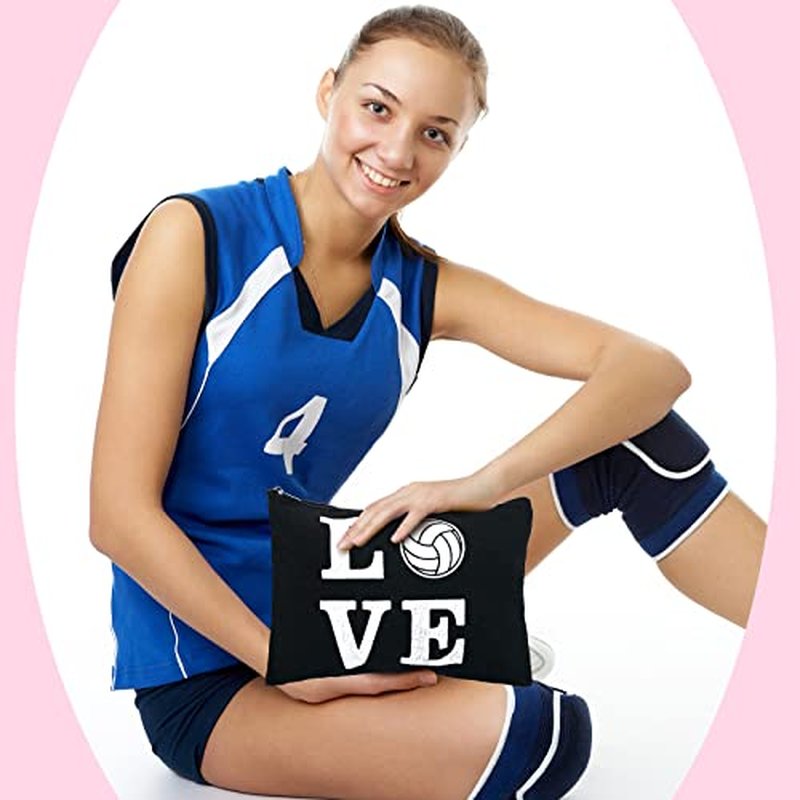 18 Pieces Volleyball Pouch Love Makeup Bag Organizer Travel Women Volleyball Gifts Small Zipper Volleyball Bags Canvas Toiletry Volleyball Team Bag Cute Storage Cosmetic Pencil Case for Players