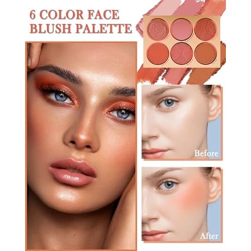 Matte Face Blush Palette with Brush-6 Color High Pigment Mineral Blendable Blusher Contour Powder for Cheeks,Longlasting Facial Beauty Cosmetic,Valentine's Women's Day Makeup Gift for Women-Set 02