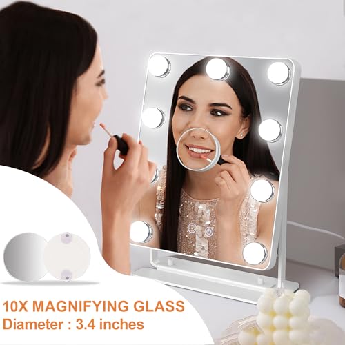 Hollywood Vanity Mirror with Lights 9" x 11", Lighted Makeup Mirror with 10X Magnification & 9 LED Bulbs Dimmable, 3 Colors Modes, Touch Control, Plug in Vanity Mirror with Lights, White