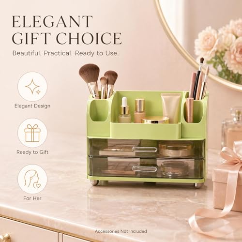 ROOM127 Vintage Green Makeup Organizer with 2 Clear Drawers & Brush Holders