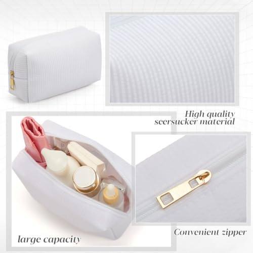 White Seersucker Cosmetic Bags Set of 6 - Striped Zippered Travel & Makeup Pouches - Sanwuta