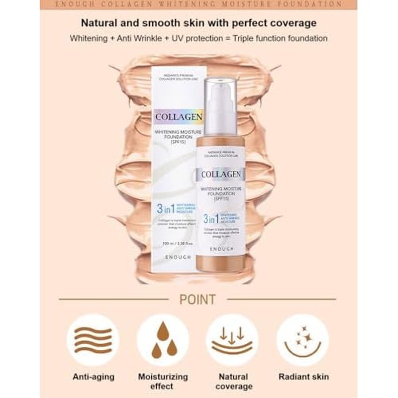 Enough Collagen 3in1 Whitening Moisture Foundation SPF15, 3.38 fl oz/ 100ml - Brightening, Moisturizing, Anti-Aging, Korean Skin Care Makeup (#13 Light Beige, 3.38 fl oz / 100ml)