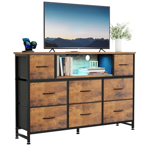 Brown LED TV Stand with Charging Station and 8 Fabric Drawers - 47.2 Inch