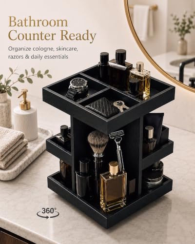 Black 3-Tier Rotating Cologne Organizer for Men, Holds 12+ Bottles