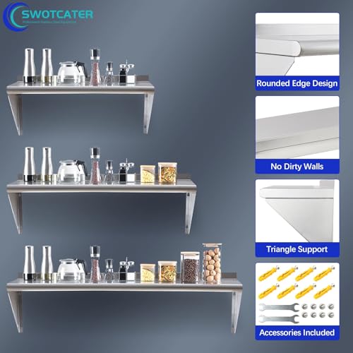 SWOTCATER 2 Pack Stainless Steel Wall Shelves 12x36 Inches - Heavy Duty Kitchen Storage, Rust-Resistant, Easy Assembly