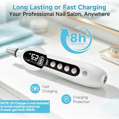 HSKAI Duty White Cordless Electric Nail File for Manicure & Pedicure with LCD & Lamp