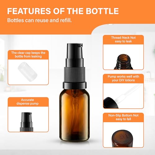 VitalUp Amber Glass Refillable Lotion Bottles 12-Pack - 15ml Travel Containers