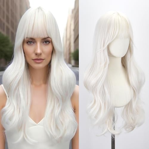 White Wigs for Women - 26 Inch Long Wavy Synthetic Wig with Bangs - Cosplay, Halloween, Daily Use - Variation: White