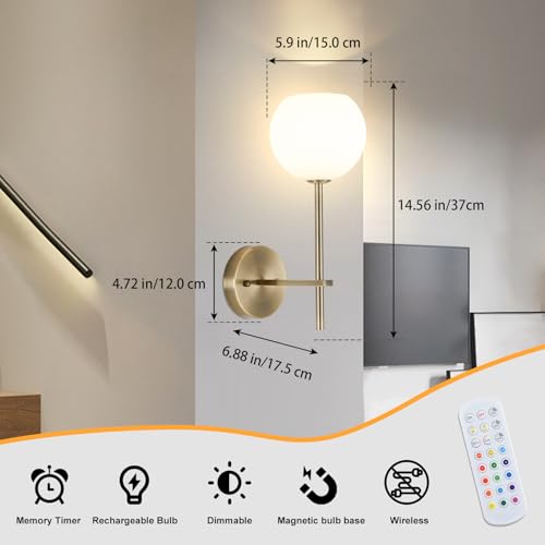 Brass Wireless Wall Sconces Set of 2 - Rechargeable RGB & Dimmable Wall Lights with Remote, Frosted Glass, No Wiring, for Bedroom & Living Room - Variation: Brass / 2-Lights