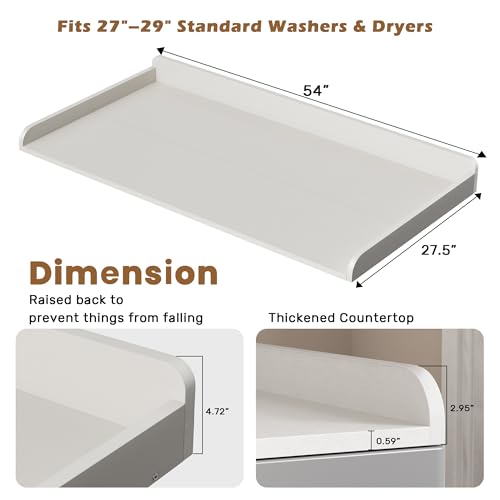 White Wooden Laundry Countertop for Washer & Dryer - 54" x 27.5", Edge Rails, Anti-Slip Strips, 1 Tier