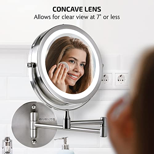 OVENTE Wall Mounted Lighted Makeup Mirror, 7" Double Sided 1X/10X Magnifying Vanity Mirror for Bathroom with LED Lights, Cordless, 360¡Æ Rotation and 13" Extendable Arm, Nickel Brushed MFW70BR1X10X