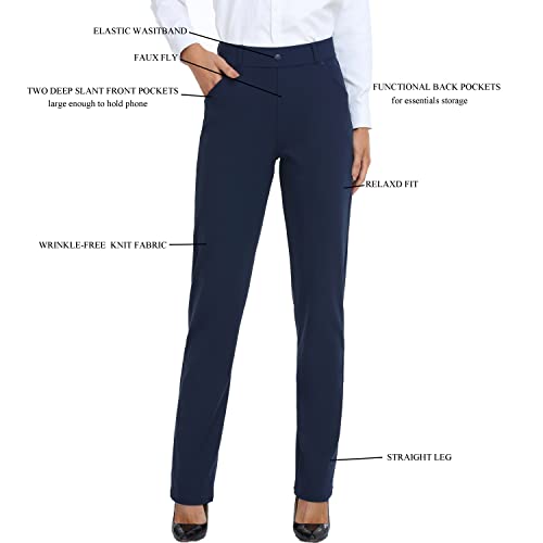 Oalka Women's Straight Leg Dress Pants - Medium Short Navy Blue Work & Yoga Pants