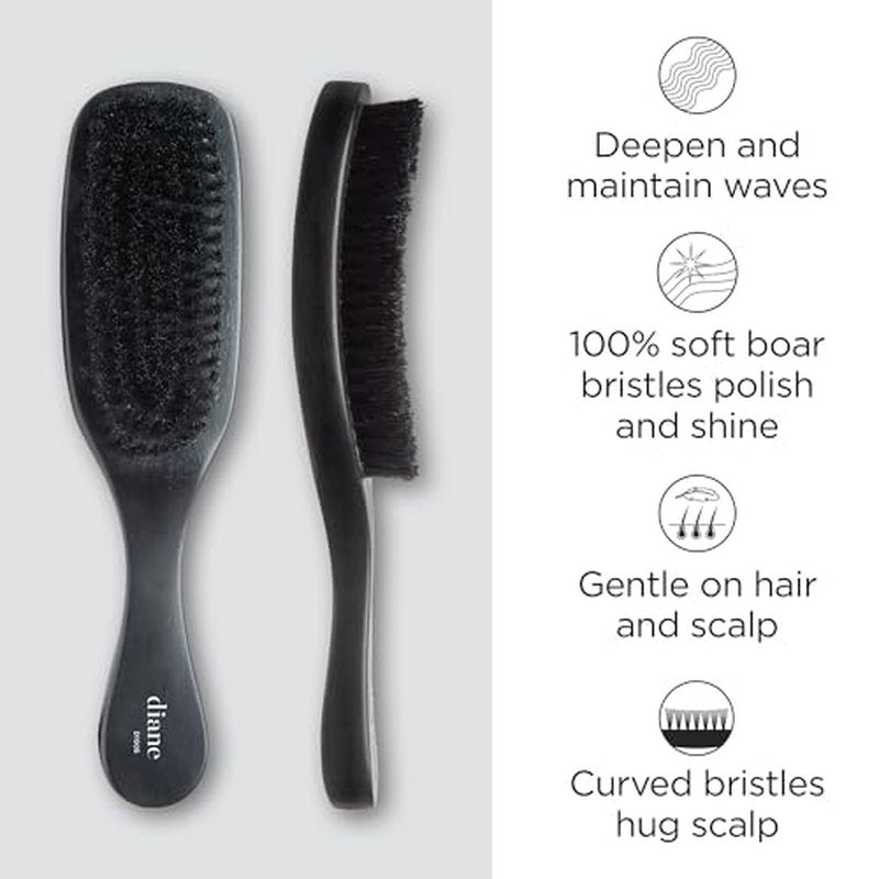 Diane Boar Curved Wave Brush for Men and Women - Black, Soft Bristles for Fine to Medium Hair - Use for Detangling, Smoothing, Wave Styles, Soft on Scalp, Restore Shine and Texture (Pack of 2)
