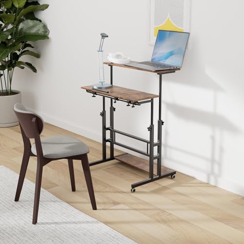 Hadulcet Adjustable Height Mobile Standing Desk with Charging Station - Rustic Brown, 31.5"