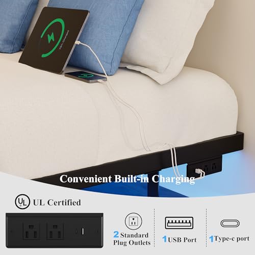 Floating Bed Frame Full Size with RGB LED Lights & Charging Station - Black