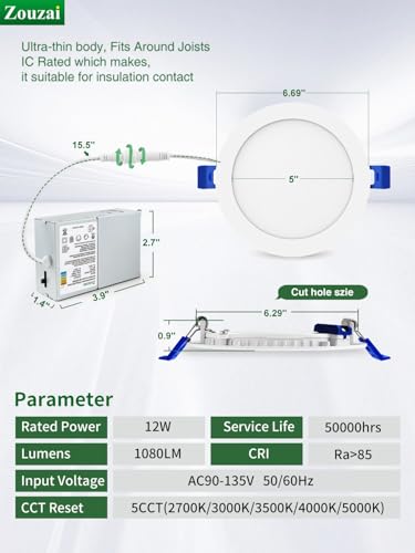 6 Inch LED Recessed Light 12W 1080LM Dimmable 5CCT Ultra-Thin Ceiling Lamp