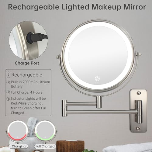 JANEEVA 8" Wall Mounted Lighted Makeup Mirror,Rechargeable Double Sided 1X/10X Magnifying Mirror with 3 Color Lights,Touch Dimmable Bathroom Vanity Mirror with 360¡ÆSwivel Extendable Arm Brushed Nickel