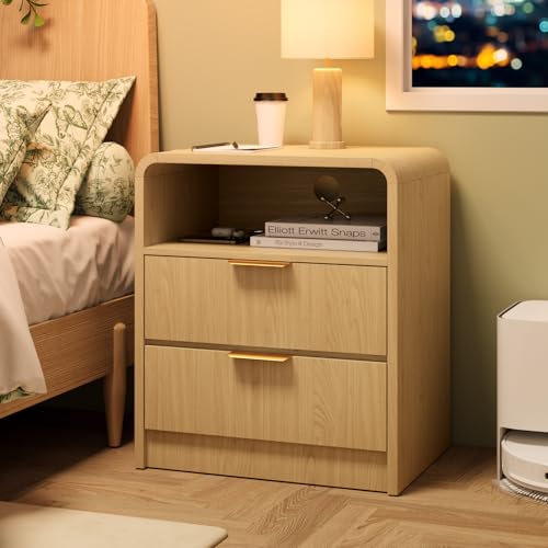 Large Modern Nightstand with 2 Drawers & Open Shelf - Oak Bedside Table