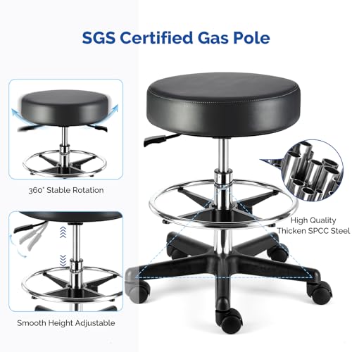 JMU Rolling Stool Heavy Duty 400lb with Footrest,PVC Leather Large Seat,Swivel Rolling Adjustable Height for Salon Spa Work Office Clinic Dentist Dentists Healthcare, Black