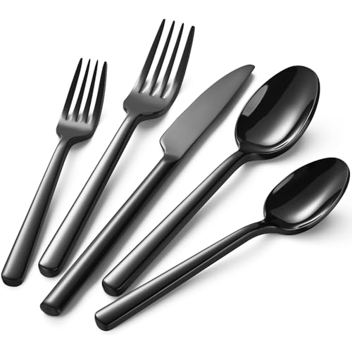 TININA Black 40-Piece Stainless Steel Flatware Set for 8 - Modern Round Handle, Mirror Finish, Dishwasher Safe