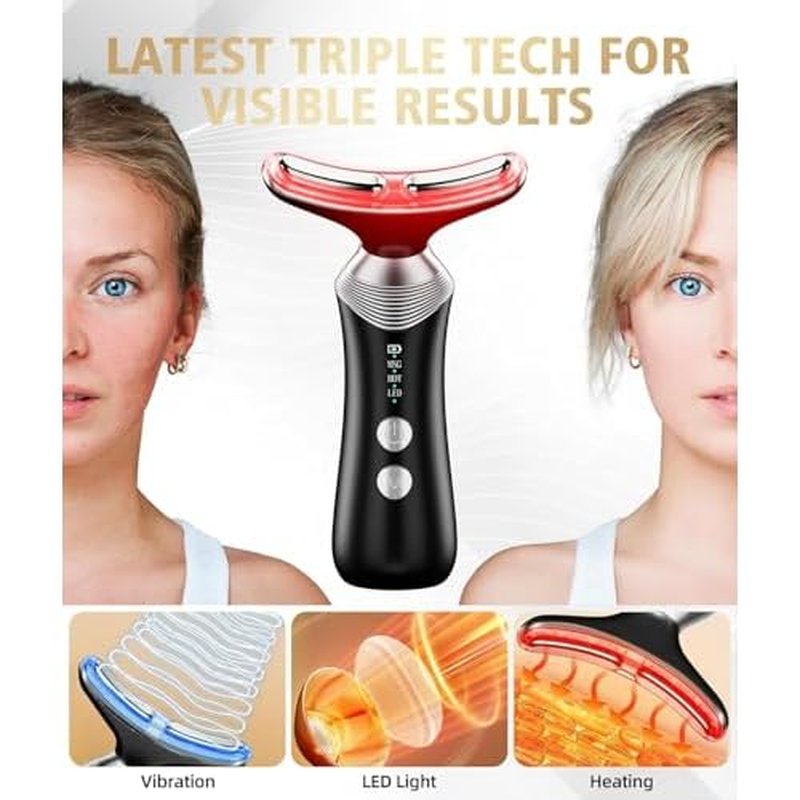 9-in-1 Red-Light-Therapy-for-Face-and-Neck, Portable Facial Massager Tool with Adjustable Vibration & Thermals for Wrinkles, Double Chin, Black