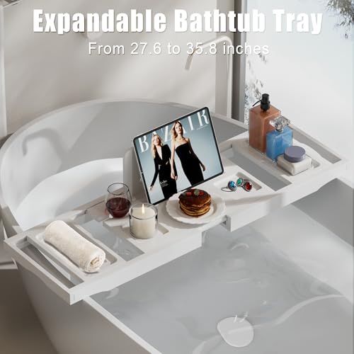 Bathtub Tray Caddy,Premium Bamboo Expandable Bath Tub Trays Table, Foldable Bathroom Accessories,Great House Warming, Anniversary and Birthday Gifts,White