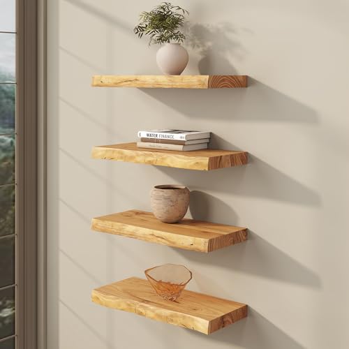 Fuqing Live Edge Floating Shelves Set - Natural Elm Wood, 8 Inch Depth, 20 Inch Length, 2 Pack