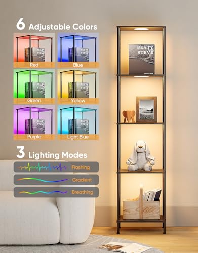 Black Display Shelf Floor Lamp with RGBW Color Changing Light and Shelves