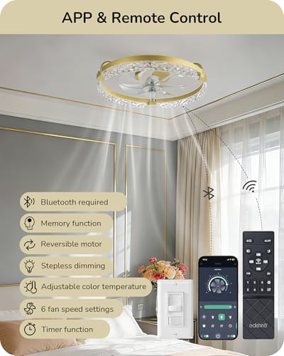 EDISHINE Gold 20'' Low Profile Ceiling Fan with Lights, Remote & App Control