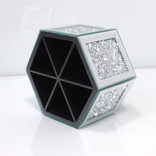 Rotatable Multifunctional Jewelry Utensil Holder Hexagon Jewelry Make up Organizer Cups Crush Diamond Mirror Decor, brush/office pen cup holder Eyeliners Display Case for Vanity