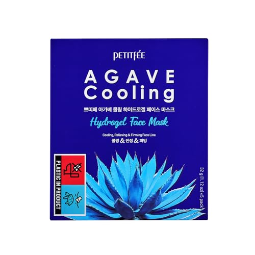 Petitfee Agave Cooling Hydrogel Face Mask 5ea - Quick Calming Facial Mask with Blue Energy Complex, Agave, Blueberry, Eggplant, Caffeine Extracts, Moisturizing, Soothing Care