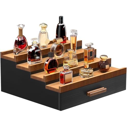 Wooden Cologne Organizer for Men 4 Tier of Perfume Display Holder of Drawer & 2 Hidden Compartments Larger Storage Space Mens Perfume Organizer Shelf Stand,Gift for Man (4T-Black Walnut)